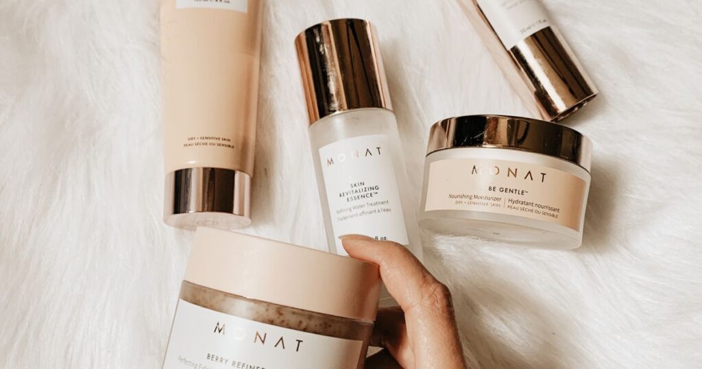 Flat lay of luxury skincare and beauty products, illustrating beauty marketing in Singapore.