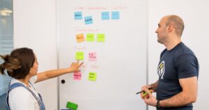 Two professionals mapping out a plan on a whiteboard, representing Google Ads account structure