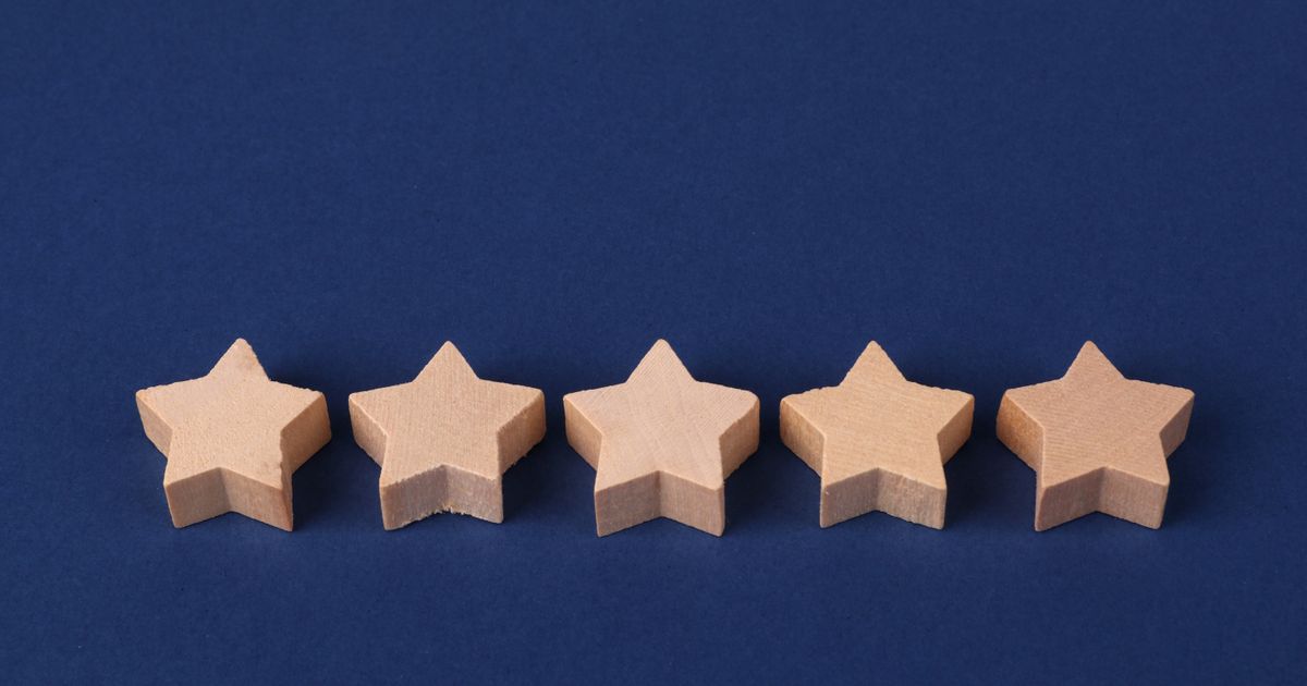 Five wooden stars on a blue background, representing Google Ads Quality Score ratings
