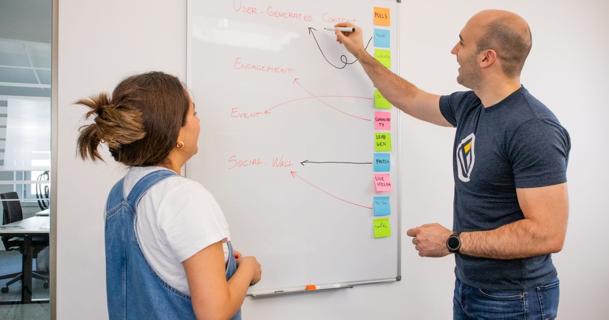 Colleagues brainstorming marketing strategy on a whiteboard, representing Meta campaign structure