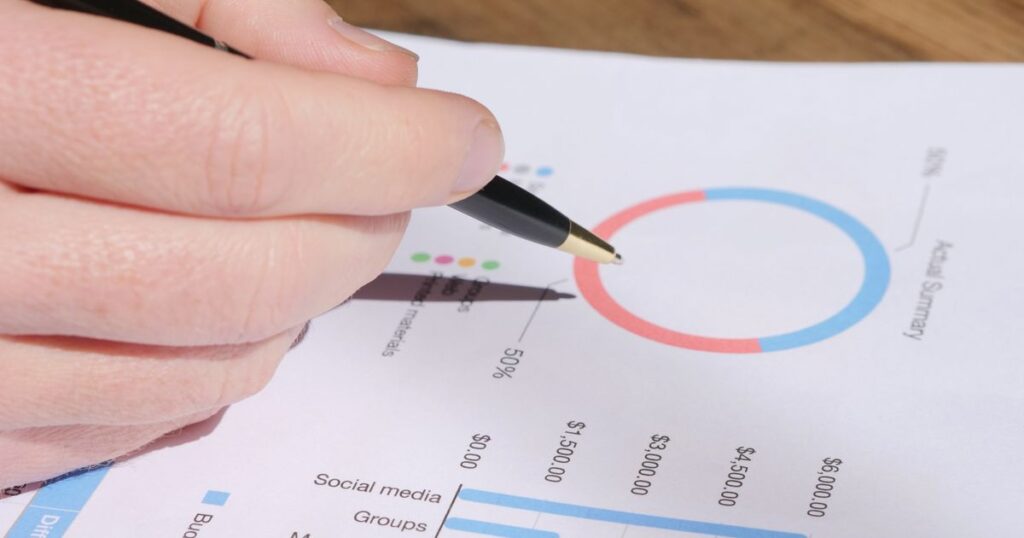 Marketer reviewing printed performance charts with a pen while planning a social media budget split.