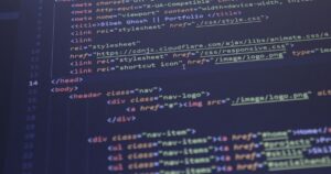 Close-up of HTML and CSS code on a computer screen, representing structured data and schema markup