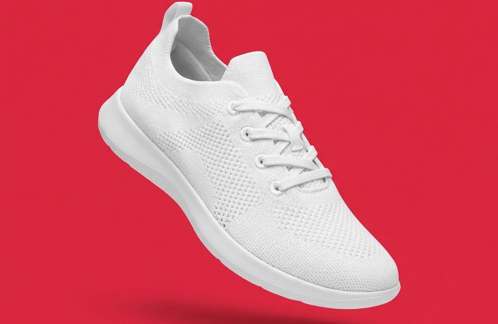 White knit low-top sneaker on a crimson background