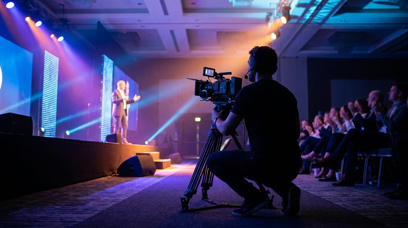 Videographer filming a conference stage