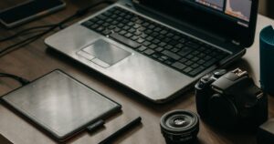 A laptop showing a video editing timeline beside a graphics tablet, stylus, camera body and lens on a desk