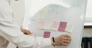 A marketer arranging sticky notes on a whiteboard to sort planning tasks into groups