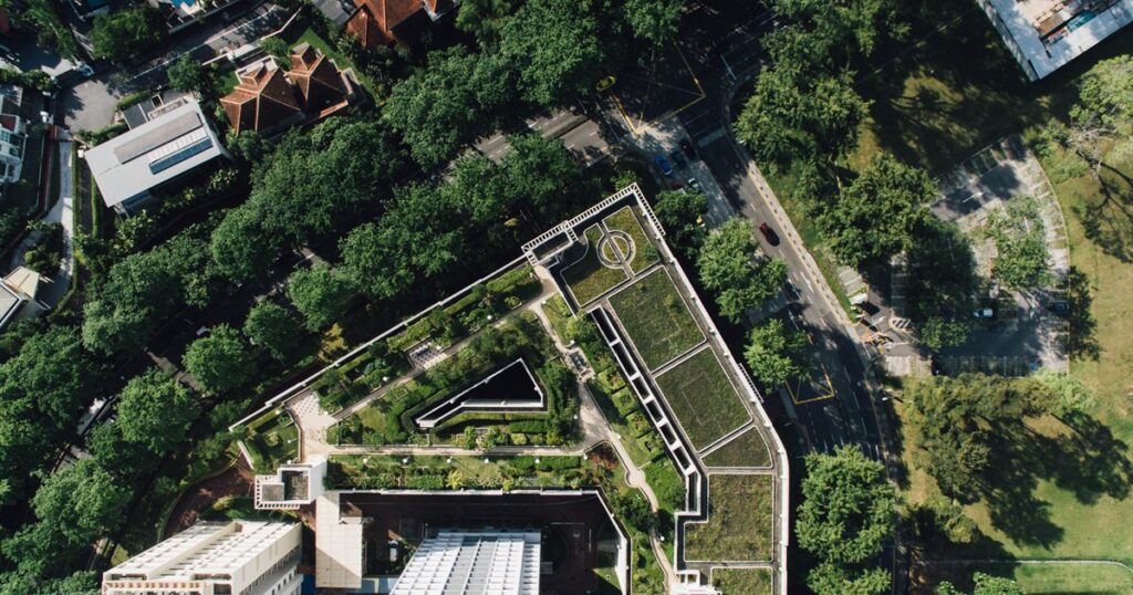 Aerial view of a low-rise residential neighbourhood in Singapore surrounded by mature trees