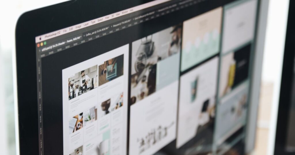 A computer screen showing several web page designs laid out side by side in a design application