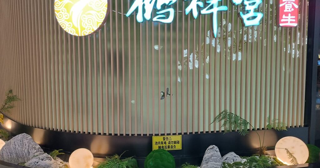 The illuminated sign and screened glass frontage of a foot massage and spa outlet in a shopping mall