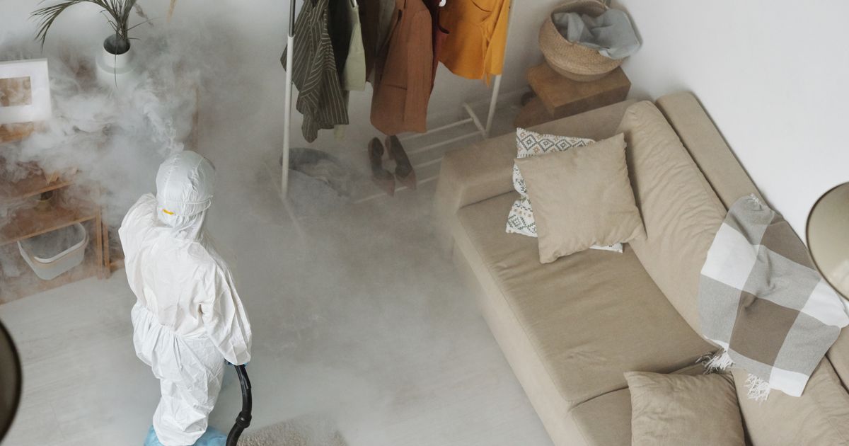 A pest control technician in a white protective suit fogging a living room, illustrating NEA rules on advertising pest control services and insecticides in Singapore.